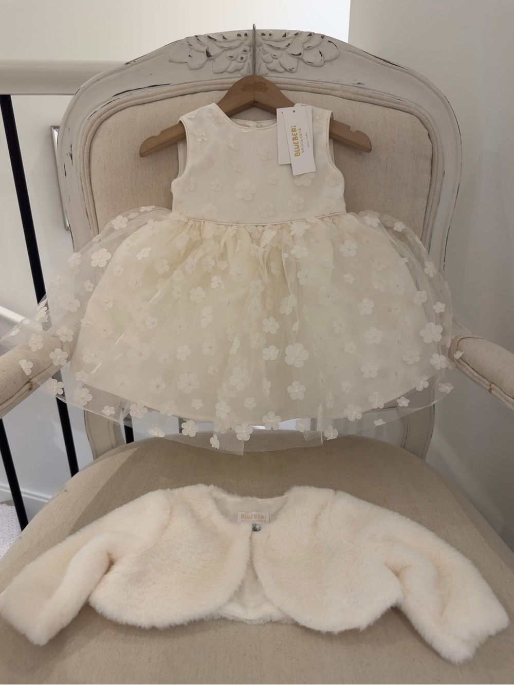 🦢 18 Mth Blueberi Boulevard White Embroidered Fancy Baby Dress & Fur Jacket NWT